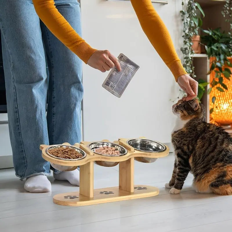Multi-Layer Elevated Cat Feeder with Stainless Steel Food & Water Bowls, Adjustable Height Design, Includes 3 Stands, Easy-To-Assemble & Portable, Ideal for Multiple Cats, Feeding Supplies for Pet Lovers