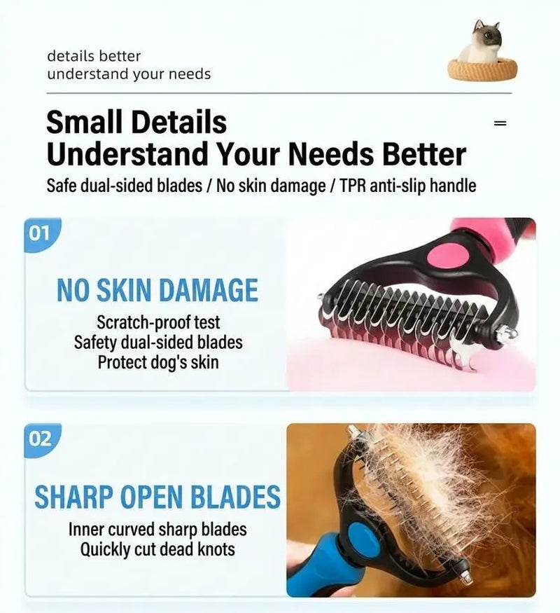 Pet Dematting Undercoat Rake for Long-Haired Dogs & Cats, Double-Sided Grooming Comb for Loose Fur and Light Tangles, Routine Pet Coat Care Tool, Results May Vary by Coat Type