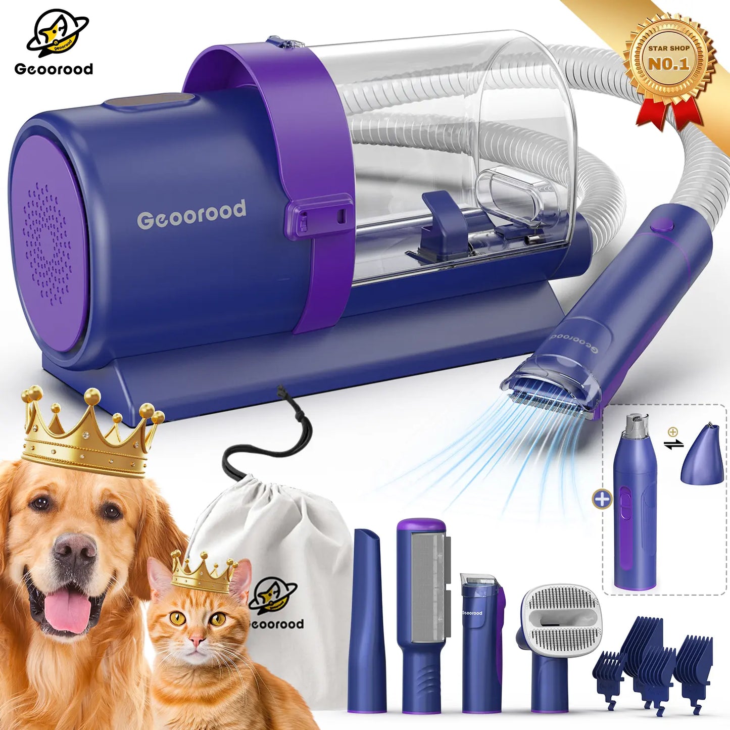 【Geoorood】 Geoorood Dog Grooming All-In-One Kit with Vacuum Brush 2.5L Large Pog, Stainless Steel Blades Lightweight Design 13Kpa Suction Force Portable Cleaning Set#Dealsforyoudays #Summerwins