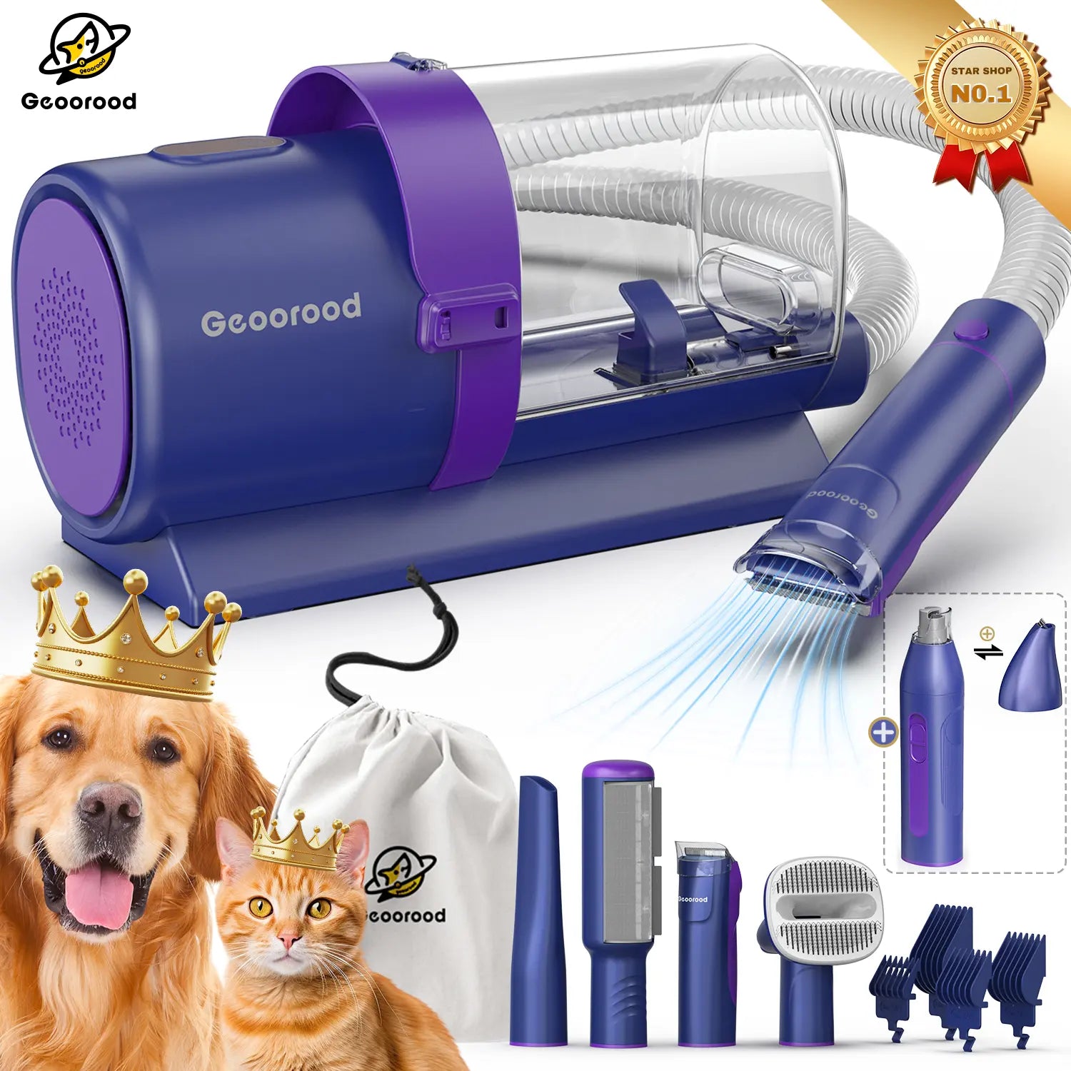 【Geoorood】 Geoorood Dog Grooming All-In-One Kit with Vacuum Brush 2.5L Large Pog, Stainless Steel Blades Lightweight Design 13Kpa Suction Force Portable Cleaning Set#Dealsforyoudays #Summerwins