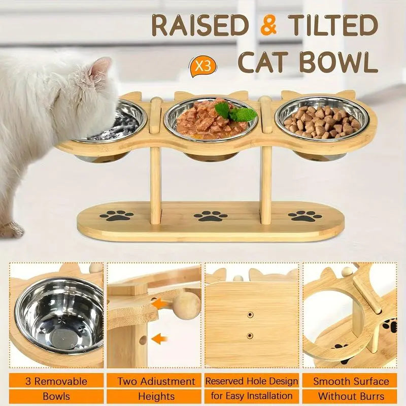 Multi-Layer Elevated Cat Feeder with Stainless Steel Food & Water Bowls, Adjustable Height Design, Includes 3 Stands, Easy-To-Assemble & Portable, Ideal for Multiple Cats, Feeding Supplies for Pet Lovers