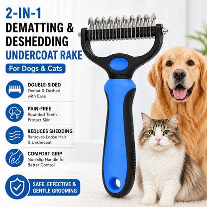 Pet Dematting Undercoat Rake for Long-Haired Dogs & Cats, Double-Sided Grooming Comb for Loose Fur and Light Tangles, Routine Pet Coat Care Tool, Results May Vary by Coat Type