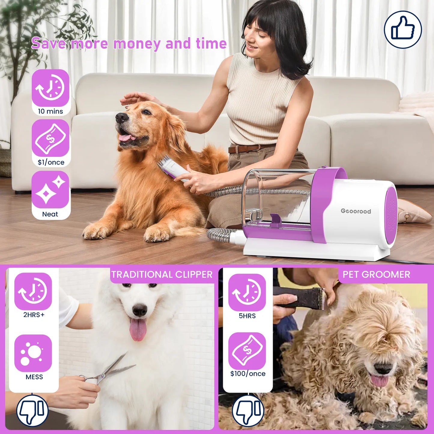 【Geoorood】 Geoorood Dog Grooming All-In-One Kit with Vacuum Brush 2.5L Large Pog, Stainless Steel Blades Lightweight Design 13Kpa Suction Force Portable Cleaning Set#Dealsforyoudays #Summerwins